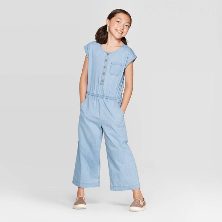 Petitegirls' Short Sleeve Button Front Jumpsuit - Cat & Jack Chambray L, Girl's, Size: