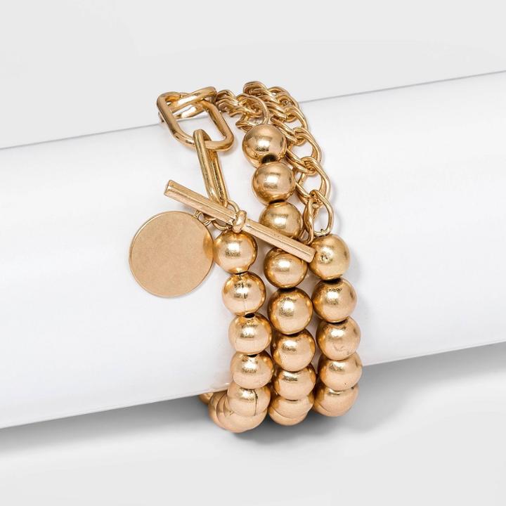 Disc Charm Chain And Beaded Stretch Toggle Bracelet Set 3pc - Universal Thread Worn Gold