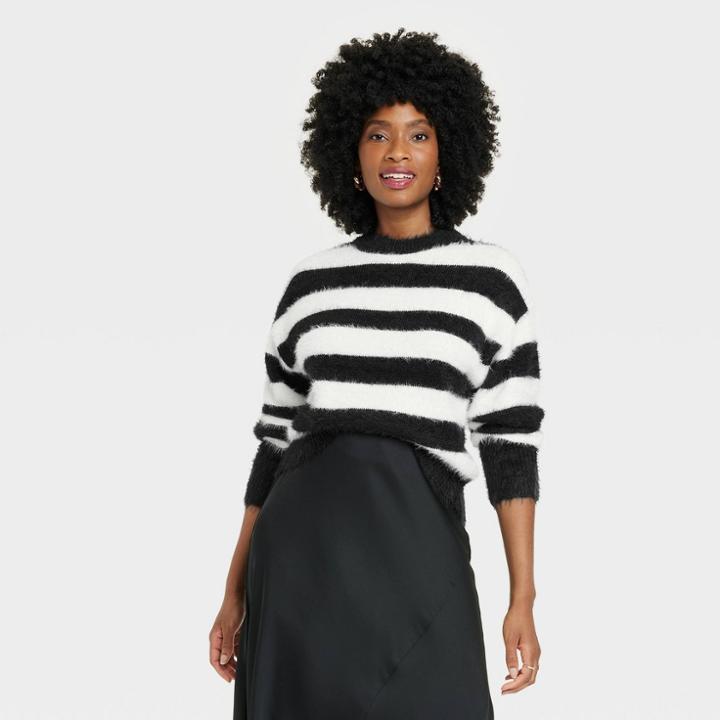 Women's Crewneck Fuzzy Pullover Sweater - A New Day Black