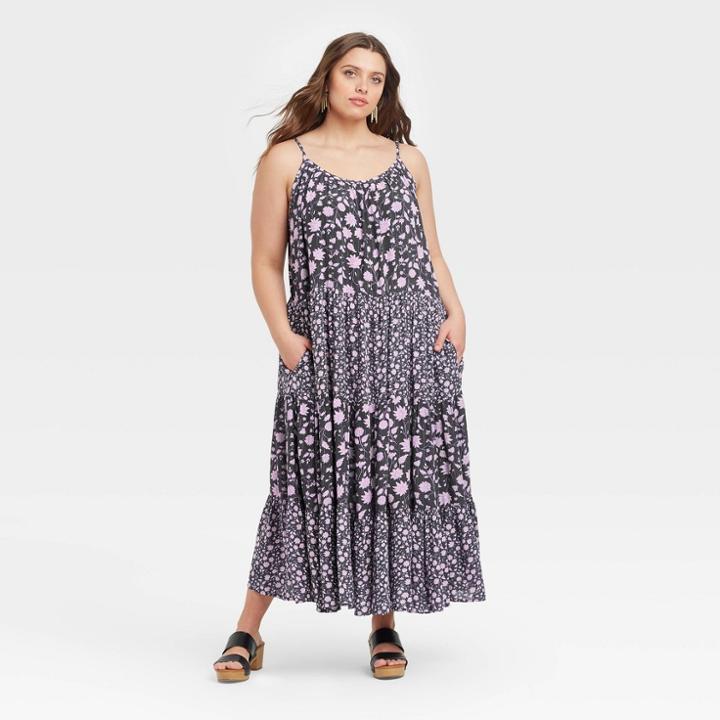 Women's Plus Size Floral Print Sleeveless Tiered Dress - Universal Thread Navy