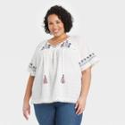 Women's Plus Size Short Sleeve Embroidered V-neck Top With Tassels - Knox Rose White