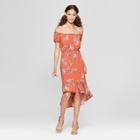 Women's Floral Print Short Sleeve Ruffle Flounce Dress - Almost Famous (juniors') Dark Orange