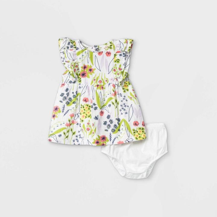 Baby Girls' Floral Gauze Shoulder Ruffle Dress - Cat & Jack Fresh Cream Newborn, Ivory