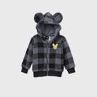Toddler Boys' Disney Mickey Zip-up Hooded Checkered Family Fleece Jacket - Gray