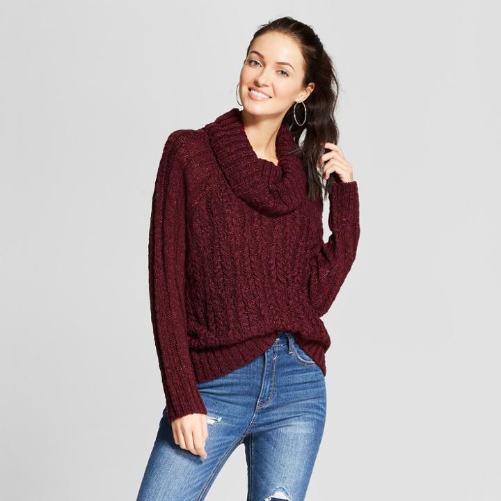 Women's Long Sleeve Cowl Neck Lace-up Back Sweater - Xhilaration Red Wine