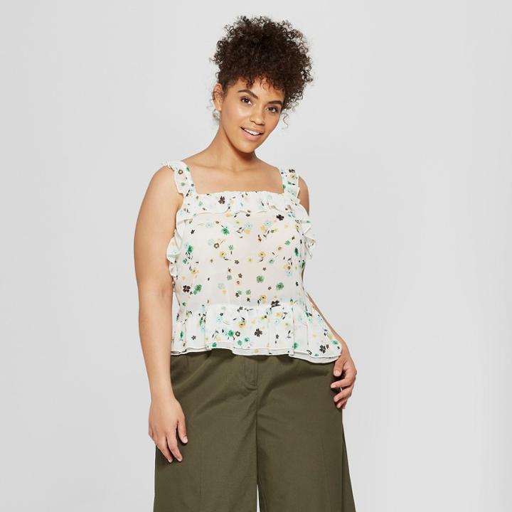 Women's Plus Size Floral Print Ruffle Tank Top - Who What Wear Yellow X