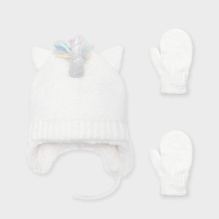 Baby Girls' Knit Unicorn Trapper And Magic Mittens Set - Cat & Jack Cream