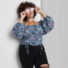 Women's Plus Size Floral Print Bishop Long Sleeve Cropped Cinch Front Top - Wild Fable Blue