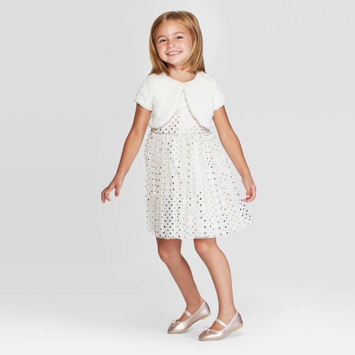 Mia & Mimi Toddler Girls' Polka Dot Dress With Faux Fur Shrug - White/gold 12m, Toddler Girl's