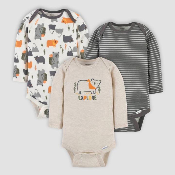 Gerber Baby Boys' 3pk Bears Long Sleeve Onesies - Off-white/gray/cream Newborn