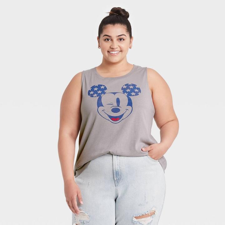 Disney Women's Plus Size Mickey Mouse Star Ears Graphic Tank Top - Gray