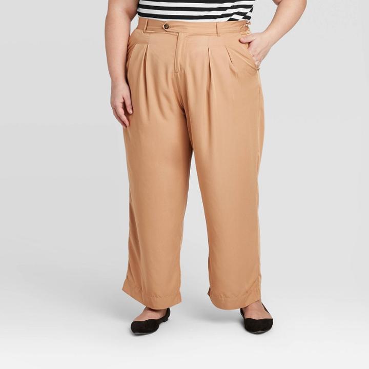Women's Plus Size Mid-rise Pleated Pants - Ava & Viv Tan