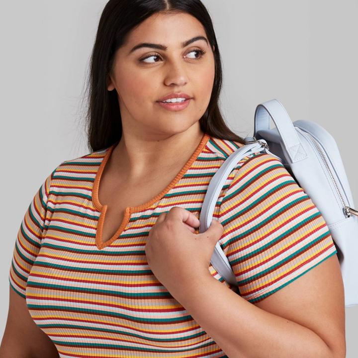 Women's Plus Size Short Sleeve Notch Front Baby T-shirt - Wild Fable Brown Multi
