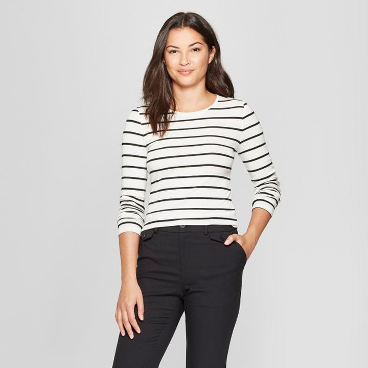 Women's Striped Long Sleeve Fitted Crew T-shirt - A New Day White/black