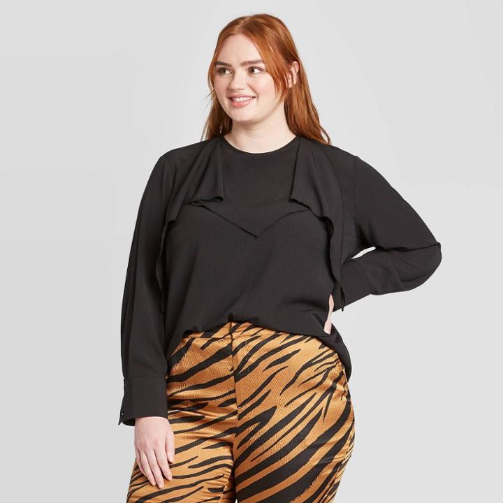 Women's Plus Size Long Sleeve Scarf Boat Neck Blouse - Who What Wear Black 1x, Women's,
