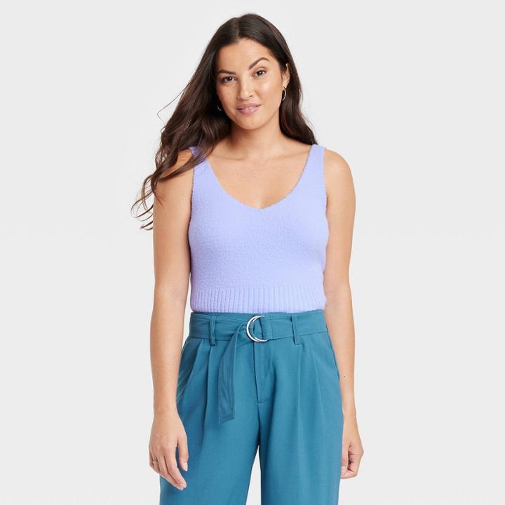 Women's V-neck Fuzzy Sweater Tank - A New Day Purple