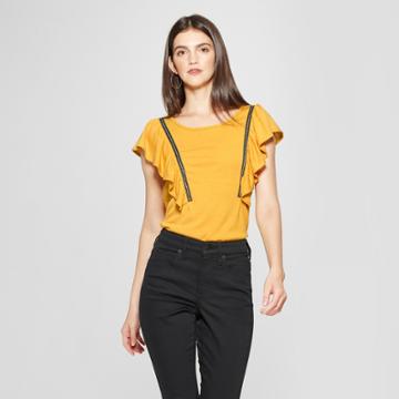 Women's Short Ruffle Sleeve Trim Blouse - Notations - Yellow