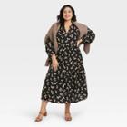 Women's Plus Size Long Sleeve Tiered Dress - A New Day Black Floral Print