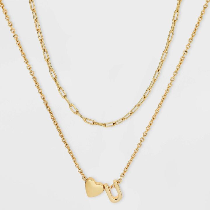 14k Gold Dipped 'u' Initial With Heart Chain Necklace - A New Day Gold
