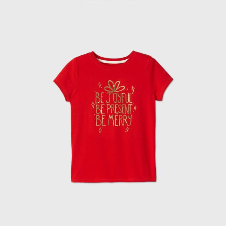 Girls' Short Sleeve 'be Joyful' Christmas Graphic T-shirt - Cat & Jack Red
