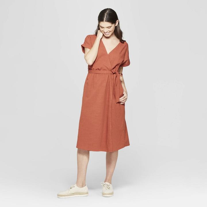 Women's Short Sleeve V-neck Midi Dress - Universal Thread Orange L, Orange Penny