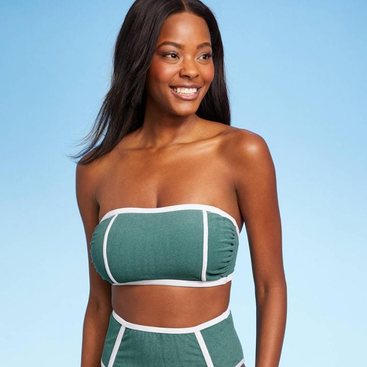 Women's Terry Textured Solid Bandeau With Binding Bikini Top - Kona Sol Teal Blue D/dd Cup