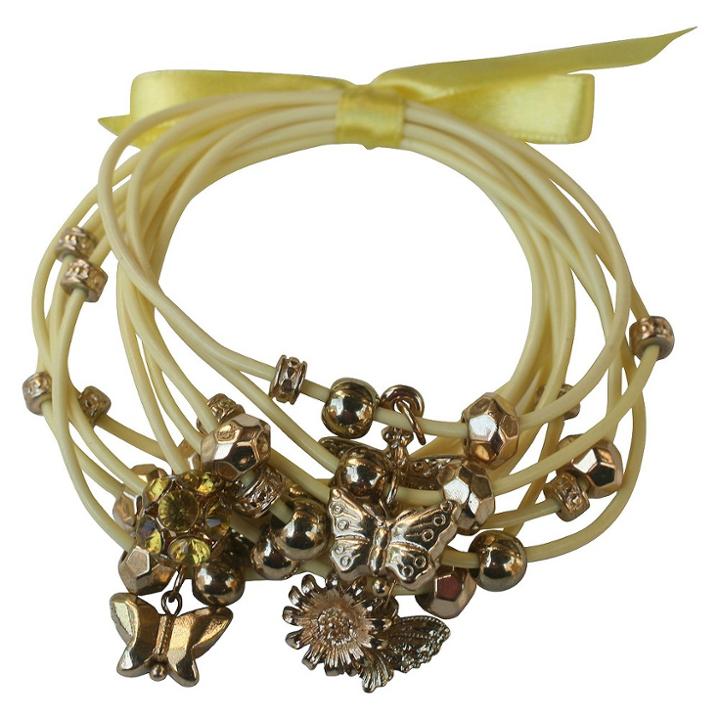 Zirconite Multi-strand Bracelet With Flower And Butterfly Charms - Yellow, Women's