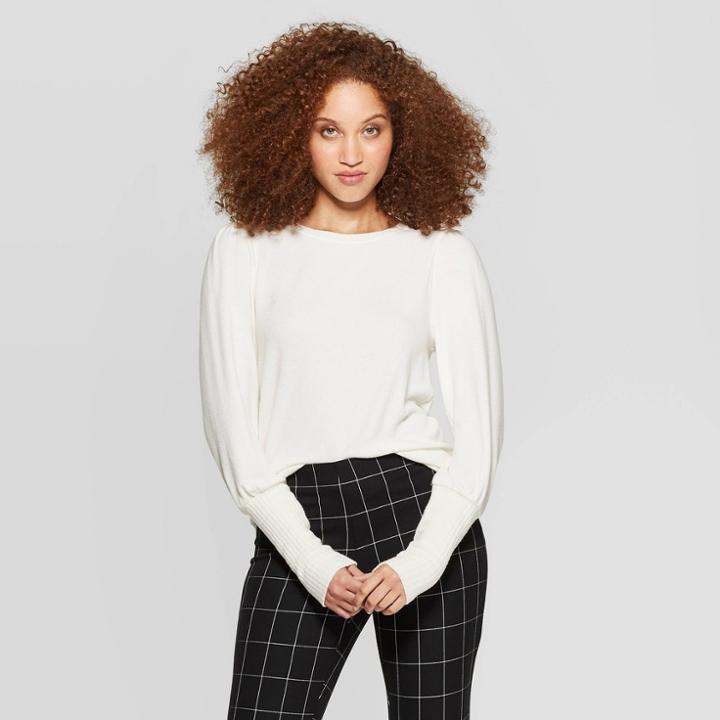 Women's Long Sleeve Crewneck Drapey T-shirt - A New Day Cream M, Size: