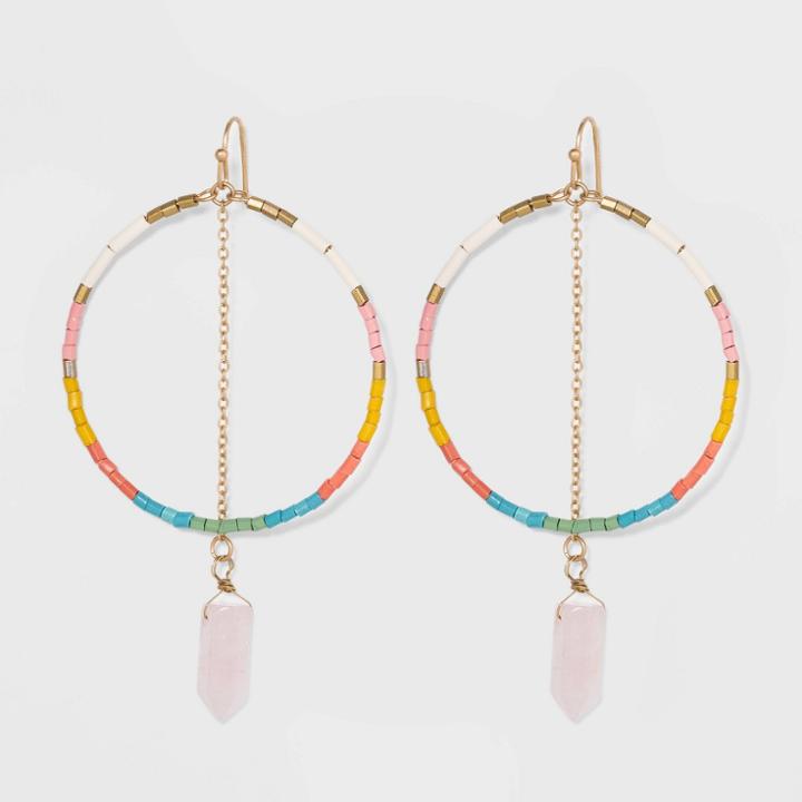 Semi-precious Rose Quartz Shard With Beaded Hoop Drop Earrings - Universal Thread
