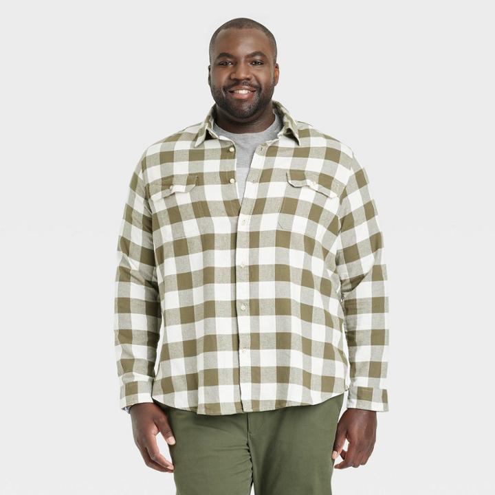 Men's Big & Tall Midweight Flannel Button-down Shirt - Goodfellow & Co Olive Green