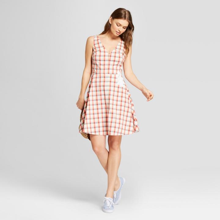 Women's Gingham Sleeveless Embroidered Dress - A New Day Red/white 4,