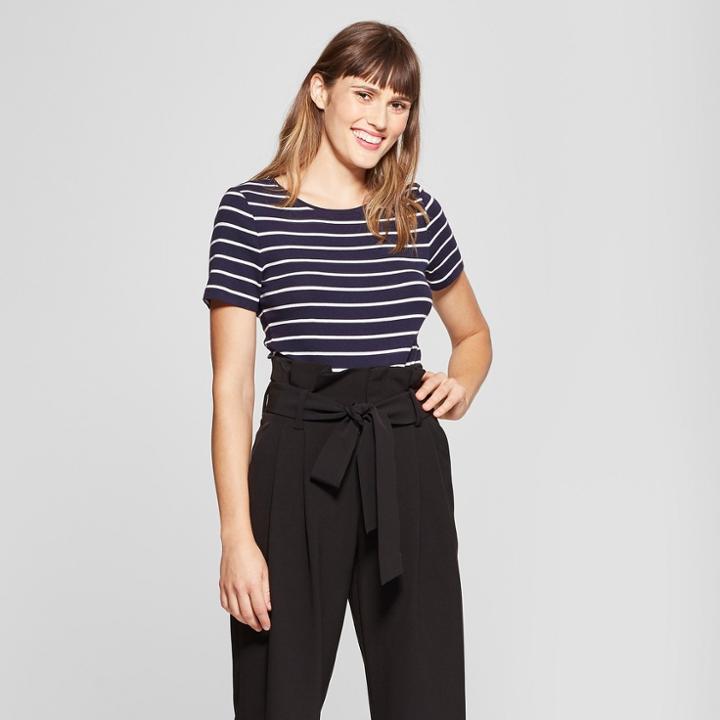 Women's Striped Short Sleeve Fitted Crew T-shirt - A New Day Navy/white (blue/white)
