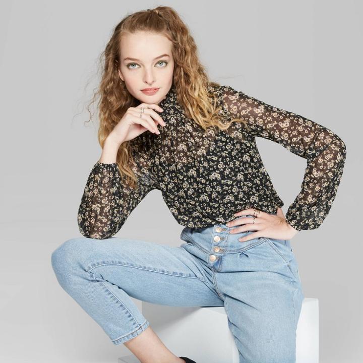 Women's Floral Print Long Sleeve Mock Turtleneck Blouse - Wild Fable Black