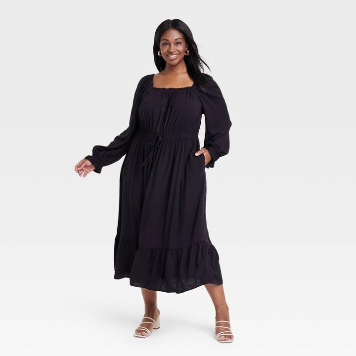 Women's Bishop Long Sleeve Woven Dress - Ava & Viv Black
