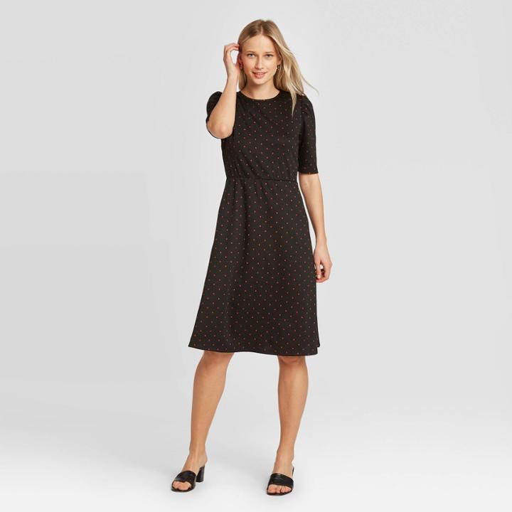 Women's Short Sleeve Round Neck Seamed Dress - Who What Wear Jet Black