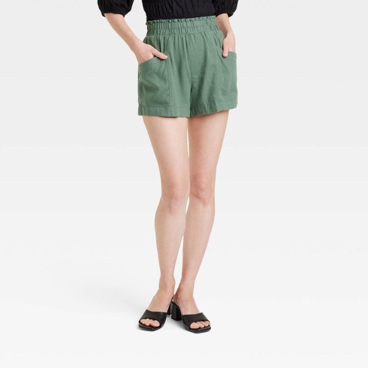 Women's High-rise Linen Pull-on Shorts - A New Day Green
