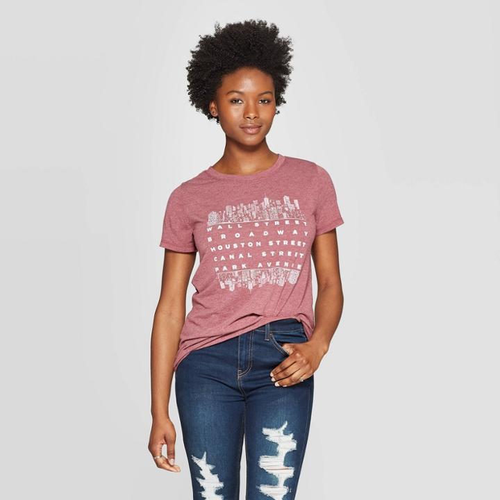 Women's Short Sleeve Scoop Neck Night City Graphic T-shirt - Awake Burgundy