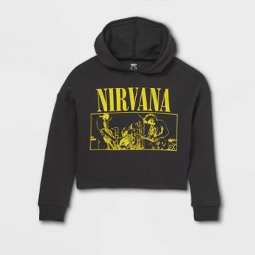Live Nation Girls' Nirvana Cropped Hooded Long Sleeve Graphic T-shirt - Black
