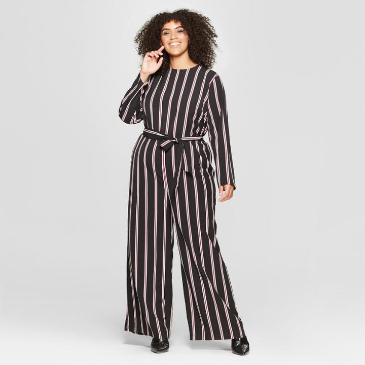 Women's Plus Size Striped Long Sleeve Crew Neck Jumpsuit - Who What Wear Black/white 2x, Black