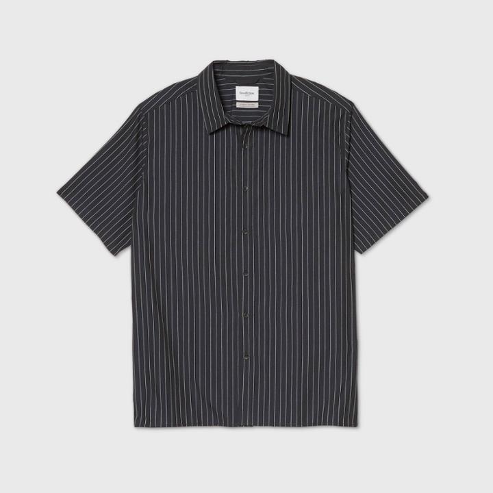 Men's Tall Checked Standard Fit Textured Short Sleeve Button-down Shirt - Goodfellow & Co Dark Blue