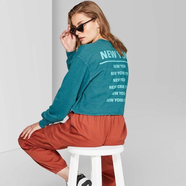Target Women's Long Sleeve Crewneck New York Graphic Sweatshirt - Wild Fable Teal