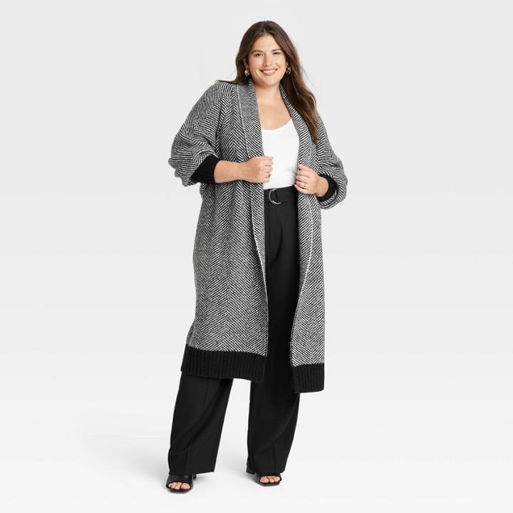 Women's Plus Size Coatigan Sweater - A New Day Black Herringbone