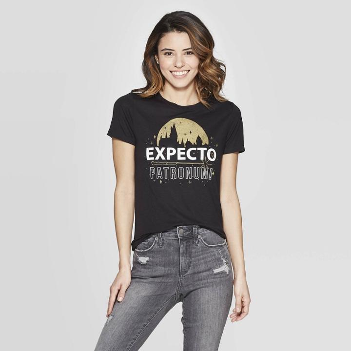 Women's Harry Potter Expecto Patronum Short Sleeve Round Neck T-shirt (juniors') - Black