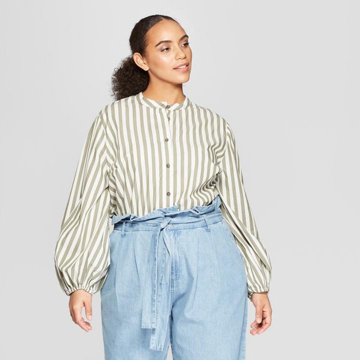 Women's Plus Size Striped Long Sleeve Button-up Blouse - Who What Wear Green/white