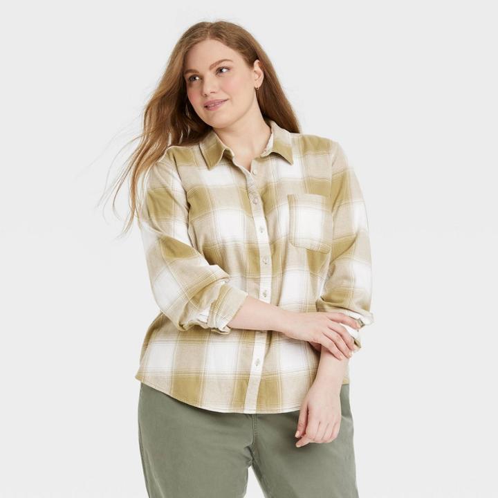 Women's Plus Size Long Sleeve Flannel Button-down Shirt - Universal Thread Light Green Plaid
