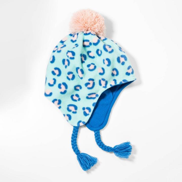 Girls' Fleece Earflap Hat - Cat & Jack Mint Leopard 4-7, Girl's, Blue