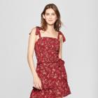 Women's Floral Print Tie Strap Smocked Cropped Top - Xhilaration Rust (red)