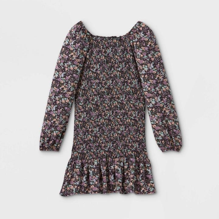 Girls' Smocked Long Sleeve Dress - Art Class Charcoal Floral