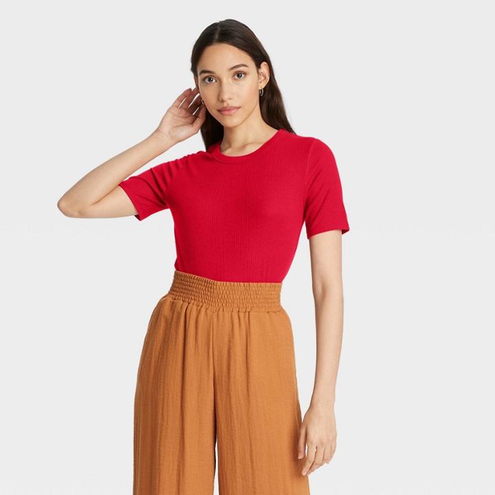 Women's Short Sleeve Ribbed T-shirt - A New Day Red