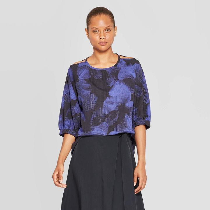 Target Women's Floral Print 3/4 Sleeve Crewneck Blouse - Prologue Blue